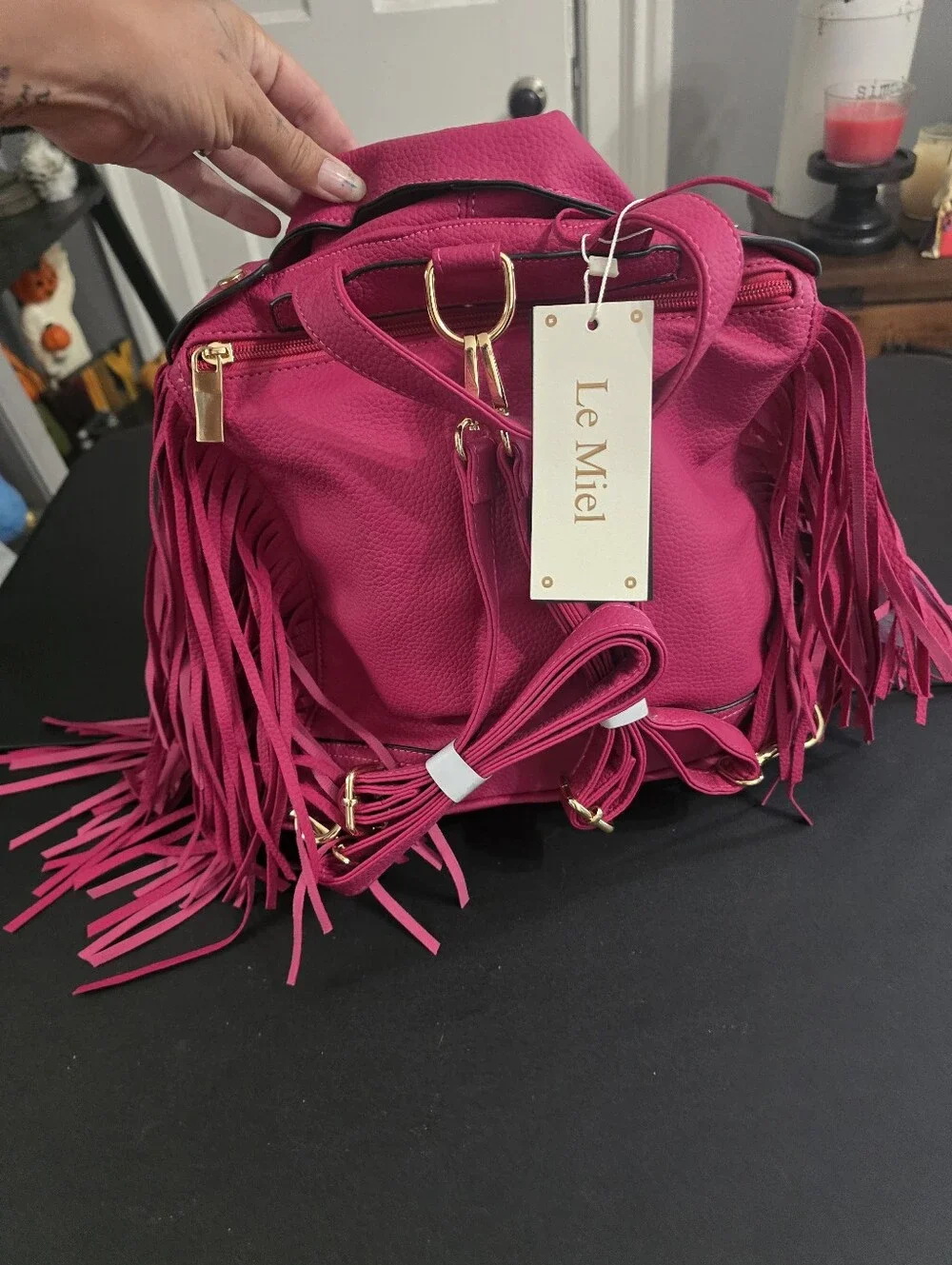 New LE Miel Vegan Hot Pink Fringe Moto Backpack Bag with Gold Hardware
